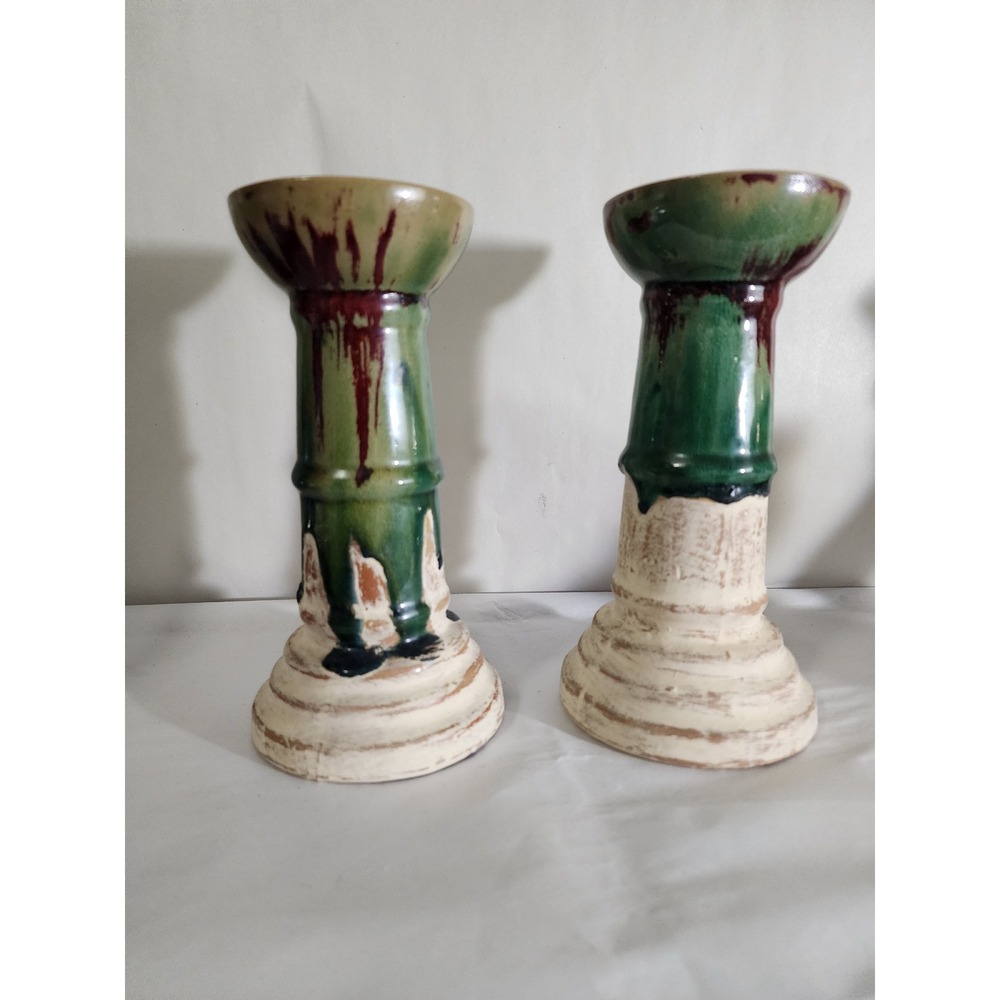 Vintage Artisan Ceramic Drip Glaze Candlestick Holders Pair Green Burgundy Cream